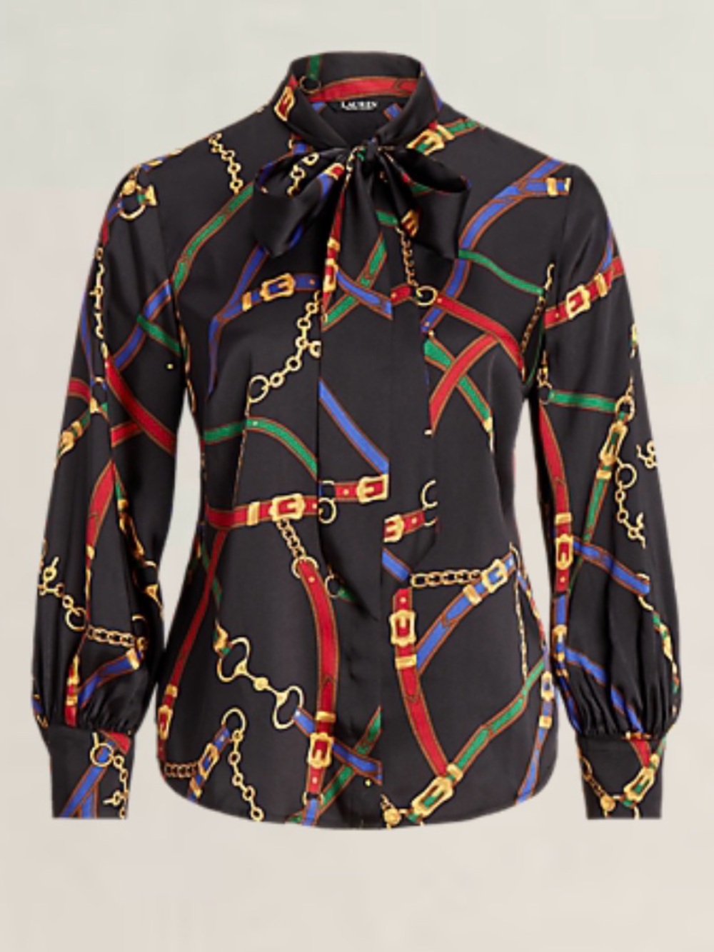 Silk-Blend Bow Tie Chain Print Blouse - Black/Multi